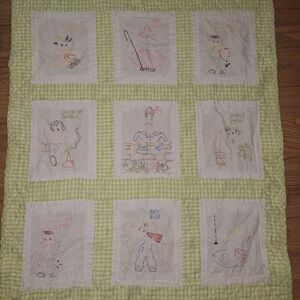 Vtg Quilt Baby Nursery Rhyme  Embroidered Block Gingham Green 4x3 Cottagecore